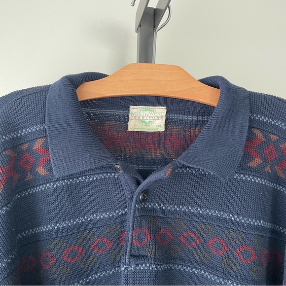 Vintage Northwest Territory Grandpa Knit Sweater With Collar Fair Isle Large - Picture 7 of 8